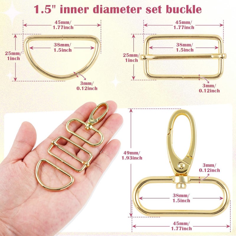 PECMER Purse Hardware for Bag Making 1 1/2 Inch D Ring 18 Pcs Gold Swivel Clasp Snap Hooks Tri Glide Slide Buckles for Strap Adjuster Dog Collar Making Supplies - Image 2